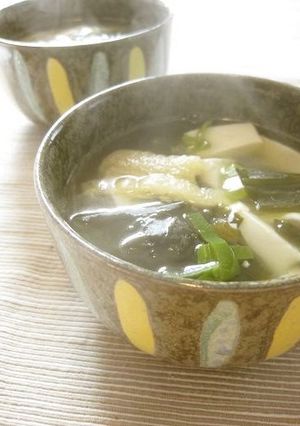A picture of A Dude's Version of Abura-age and Wakame Clear Soup.