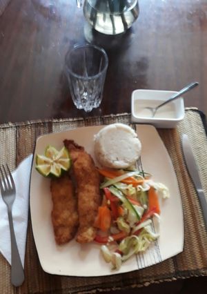 A picture of Coconut crumbed tilapia with a mixed salad and ugali.