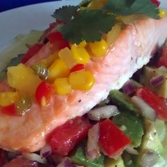 A picture of Vickys Grilled Salmon with Tomato & Avocado Salsa GF DF EF SF NF.