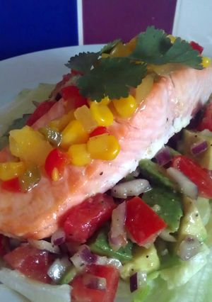 A picture of Vickys Grilled Salmon with Tomato & Avocado Salsa GF DF EF SF NF.