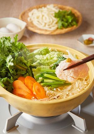 A picture of Chicken Shabu-Shabu Hot Pot with Yuzu Kosho and White Dashi Broth.