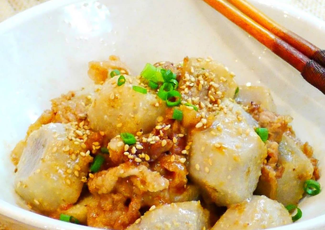 Satoimo (Taro Root) and Pork Stir-Fry with Oyster, Mayonnaise and Sesame Sauce