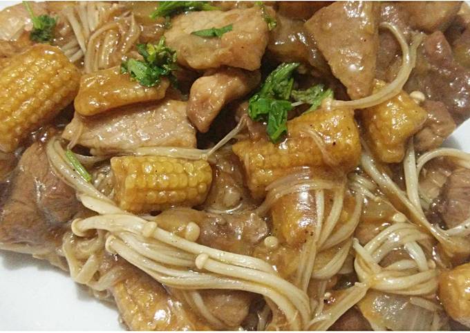 Stir fried pork with Enoki Mushroom and Young Corn