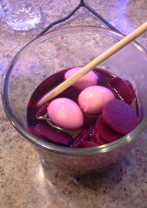 A picture of Pennsylvania Dutch red beets and eggs.