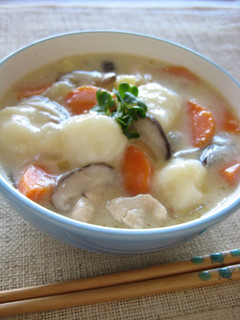 A picture of Milk Miso Soup With Rice Flour Dumplings.