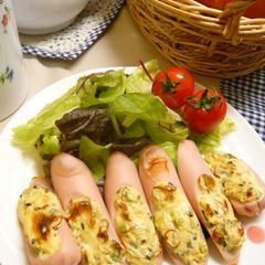 A picture of Baked Sausages with Onion Miso and Mayo.