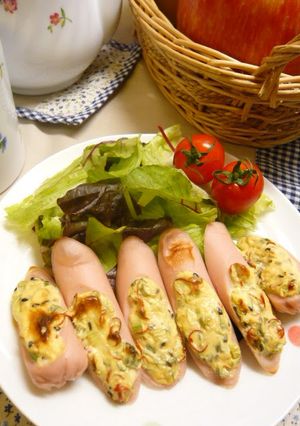 A picture of Baked Sausages with Onion Miso and Mayo.