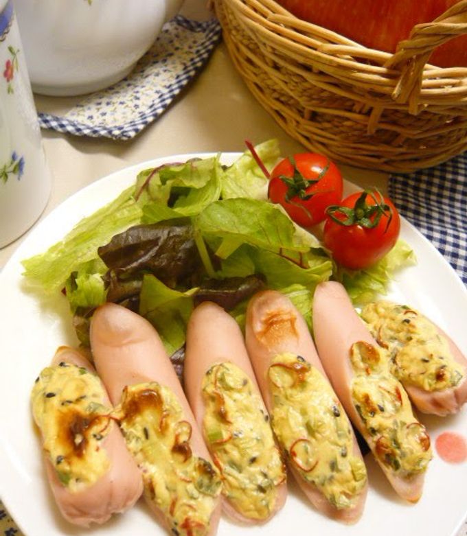 A picture of Baked Sausages with Onion Miso and Mayo.