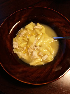 A picture of Chicken sweet corn and Tortellini chowder.
