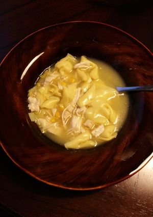 A picture of Chicken sweet corn and Tortellini chowder.