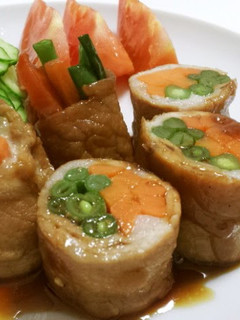 A picture of Meat Wrapped Green Beans and Carrots.
