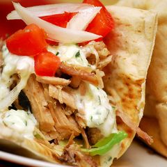 A picture of Grilled Pork Pitas w/Cucumber Mint Sauce.