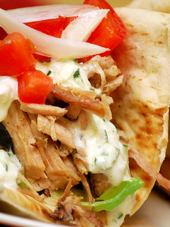A picture of Grilled Pork Pitas w/Cucumber Mint Sauce.