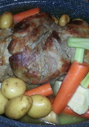 A picture of Pork Roast with root veggies.