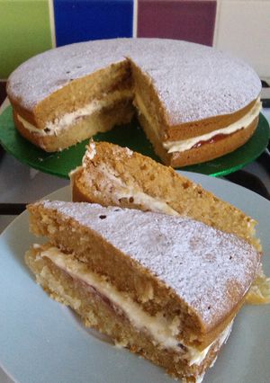 A picture of Vickys 'Free-From' Victoria Sponge Cake, GF DF EF SF NF.