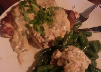 Fresh, Prepare Recipe Bacon wrapped chicken wRoma tomatoes mushrooms green onions in alfredo sauce Delicious Nutritious