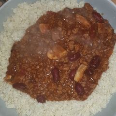 A picture of Quorn Chilli con carne with cauliflower rice.