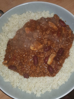 A picture of Quorn Chilli con carne with cauliflower rice.