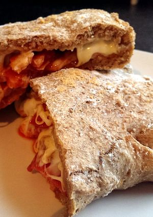 A picture of Sophie's wholemeal tomato dough meat feast pizza pocket.