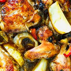 Quick roast chicken pieces with potatoes A picture of Quick roast chicken pieces with potatoes.