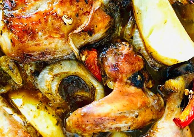 Quick roast chicken pieces with potatoes