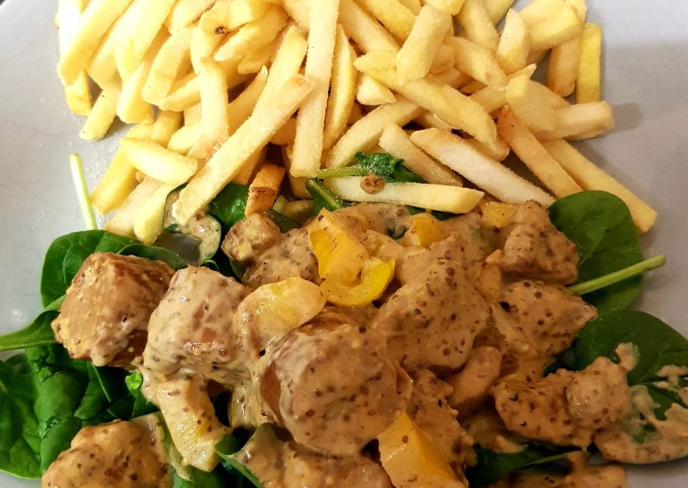 My Tenderloin pork& Sausage in a creamy Mustard Pepper sauce. 😉
