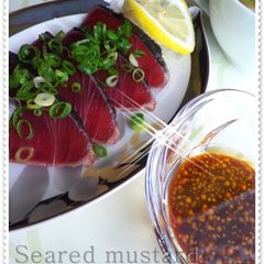 A picture of Katsuo-no-Tataki (Seared Bonito) with Mustard Sauce.