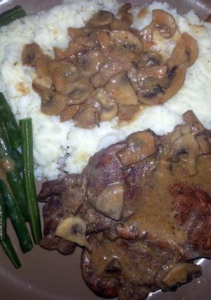 A picture of Pork Chop With sauteed mushrooms.