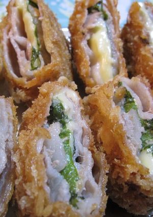 A picture of Pork Wrap with Shiso Leaves and Cheese.