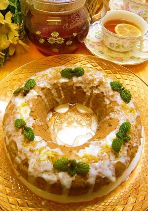 A picture of Black Tea Butter Cake with Lemon Icing.