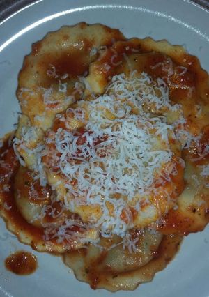 A picture of Portobello mushroom stuffed ravioli.