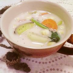 A picture of Vegetable-Packed Soup With Soy Milk.