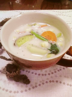 A picture of Vegetable-Packed Soup With Soy Milk.