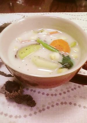 A picture of Vegetable-Packed Soup With Soy Milk.