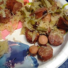 A picture of Sauerkraut Radicchio, green beans, sausage and hotdog casserole.