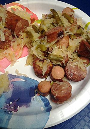 A picture of Sauerkraut Radicchio, green beans, sausage and hotdog casserole.