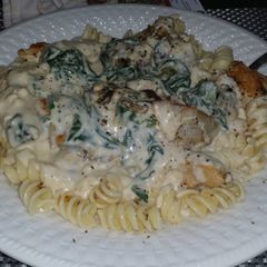 A picture of Chicken & shrimp with a garlic - feta cheese florintine sauce.