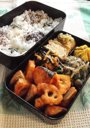 A picture of Niigata-Style Bento - Lotus Root and Salmon with Kanzuri Ketchup.