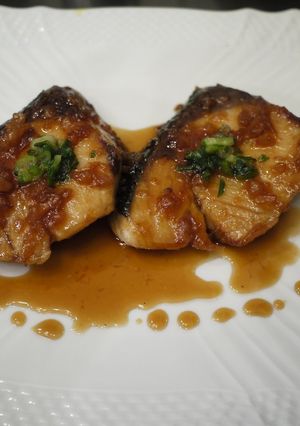 A picture of Amberjack Teriyaki with a Tart Umeboshi Seasoning.