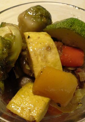 A picture of Roasted Bacon Onion Veggies & Brussel Sprouts.