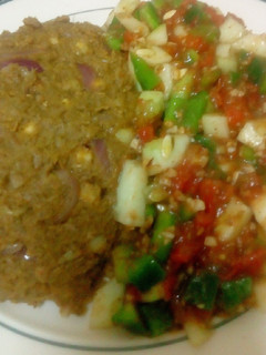 A picture of Potato-less Kunde Mokimo With Israeli Salad A La Grace.