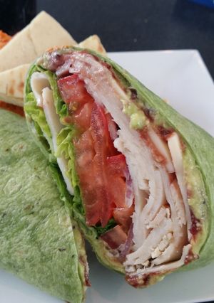 A picture of Leftover roasted turkey sandwich wrap.