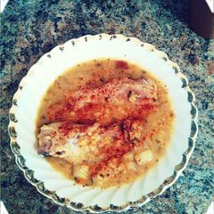 A picture of Egyptian Red Lentil Chicken soup.