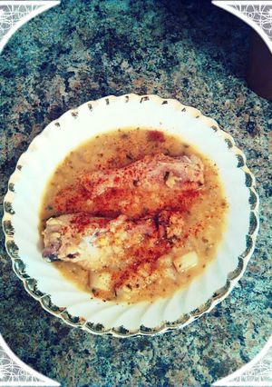 A picture of Egyptian Red Lentil Chicken soup.