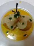 Ladybirds Saffron Pears with White Chocolate Cream .