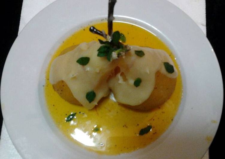 Ladybirds Saffron Pears with White Chocolate Cream .