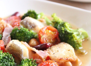 A picture of Colorful Cod Fillets Sauteed and Steamed with Consommé and Butter.