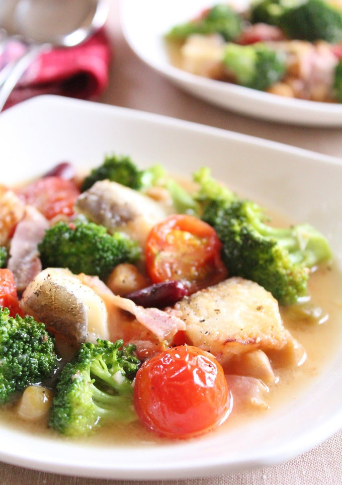 A picture of Colorful Cod Fillets Sauteed and Steamed with Consommé and Butter.