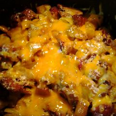 A picture of breakfast in a skillet.