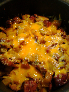 A picture of breakfast in a skillet.